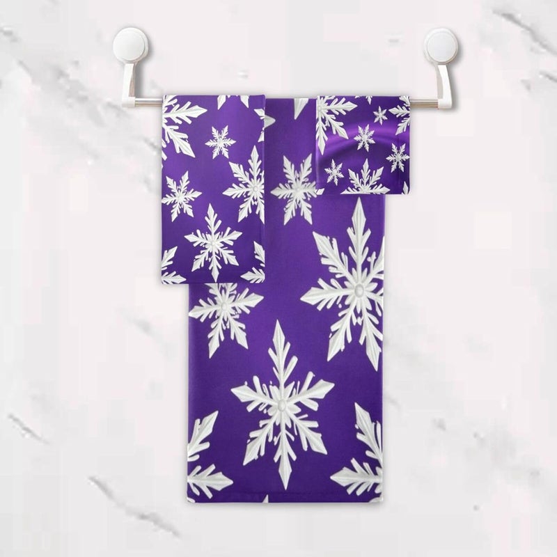 Dussdil Purple Christmas White Snowflakes Bathroom Towel Set of 3 Pcs Snow Hand Fingertip Towels 1 Bath Towel 1 Hand Towel 1 Washcloth for Home Bathroom Beach Swim Soft Highly Absorbent Multipurpose Decor - Image 4